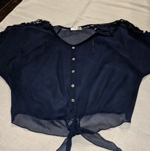 Navy blue sheer tie front crop shirt